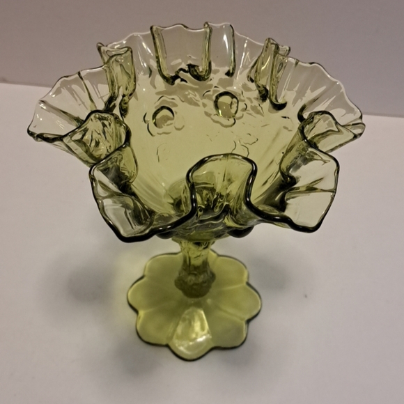 Fenton vintage green glass ruffled cabbage rose candy dish 6.25" tall - Picture 4 of 5